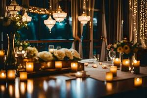 a table with candles and flowers is set up in front of a window. AI-Generated photo
