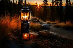 a lantern is lit up in the middle of a forest. AI-Generated photo