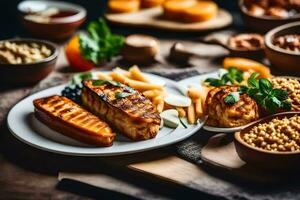 grilled chicken, french fries and other foods on a table. AI-Generated photo