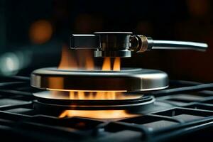 a gas stove with a flame coming out of it. AI-Generated photo