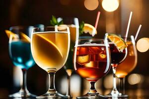 a group of different alcoholic drinks on a bar. AI-Generated photo
