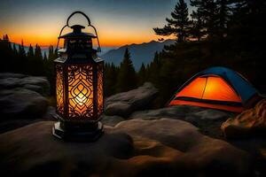 a lantern is lit on a rock in front of a tent. AI-Generated photo