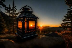 a lantern is sitting on a rock with the sun setting behind it. AI-Generated photo