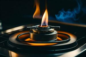 un gas estufa con un fuego en cima. generado por ai foto