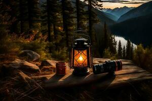 a lantern and camera on a wooden table in front of a lake. AI-Generated photo