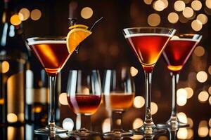 three glasses of different alcoholic drinks with a bottle of wine. AI-Generated photo