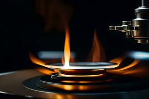 a close up of a record player with flames. AI-Generated photo
