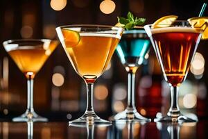 five different types of alcoholic drinks on a bar. AI-Generated photo
