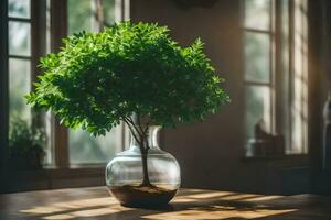 un pequeño planta en un florero en un mesa. generado por ai foto