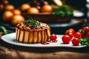 un postre con Cereza Tomates y Romero. generado por ai foto