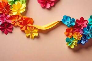 colorful paper flowers on a pink background. AI-Generated photo