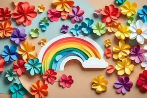 a rainbow and colorful flowers surrounded by paper flowers. AI-Generated photo