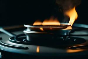 a close up of a gas stove with flames. AI-Generated photo