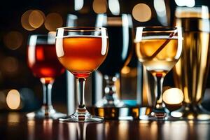 four glasses of different alcoholic drinks on a table. AI-Generated photo
