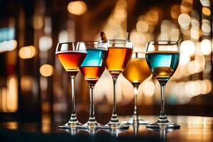 cinco diferente de colores alcohólico bebidas en lentes en un mesa. generado por ai foto