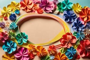 colorful flowers arranged in a circle on a light pink background. AI-Generated photo