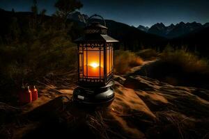 a lantern lit up in the dark with mountains in the background. AI-Generated photo
