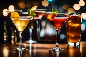 three different types of alcoholic drinks on a bar. AI-Generated photo