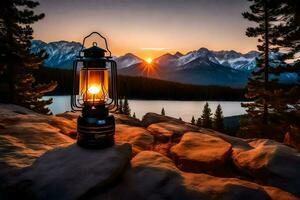 a lantern is lit on a rock in front of a lake and mountains. AI-Generated photo