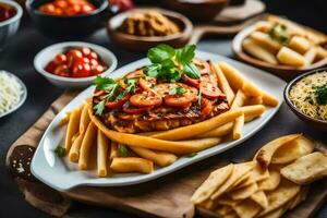 grilled chicken with tomato sauce and fries on a wooden table. AI-Generated photo