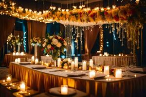 a wedding reception with candles and flowers. AI-Generated photo