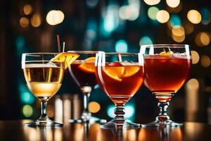 three different types of alcoholic drinks on a bar counter. AI-Generated photo