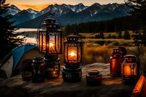 camping lanterns on a mountain top. AI-Generated photo