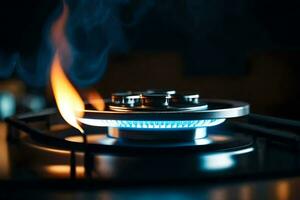 a gas stove with flames on it. AI-Generated photo