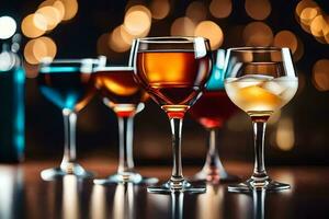 five different types of alcoholic drinks are lined up on a table. AI-Generated photo