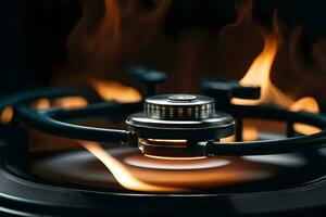 a gas stove with flames and smoke. AI-Generated photo