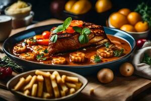 a plate of fish with sauce and potatoes on a wooden table. AI-Generated photo