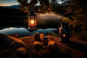 lanterns on the shore of a lake at dusk. AI-Generated photo