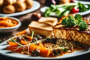 a plate of food with noodles, vegetables and bread. AI-Generated photo