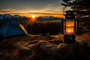 un cámping linterna es iluminado a puesta de sol en el montañas. generado por ai foto