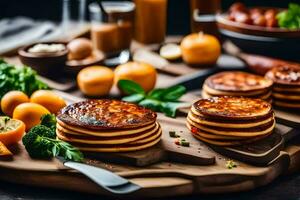 pancakes on a wooden cutting board with vegetables. AI-Generated photo