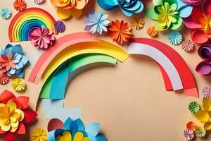 colorful paper flowers and rainbow in the shape of a rainbow. AI-Generated photo