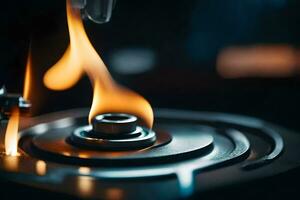 a close up of a burning disc on a turntable. AI-Generated photo