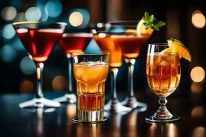 a group of different alcoholic drinks on a table. AI-Generated photo