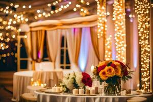 a wedding reception table with flowers and candles. AI-Generated photo