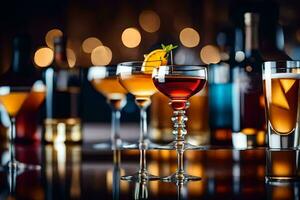 a group of different alcoholic drinks on a bar. AI-Generated photo