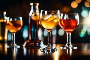 three glasses of different alcoholic drinks on a table. AI-Generated photo