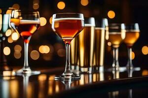 a row of glasses with different types of alcohol. AI-Generated photo