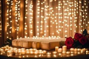 a wedding cake with candles and roses on a table. AI-Generated photo