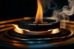 a close up of a gas burner with smoke coming out. AI-Generated photo