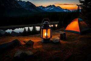 the lantern is lit at sunset in the mountains. AI-Generated photo