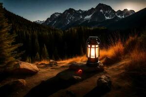 a lantern is lit on a mountain path in front of a mountain. AI-Generated photo
