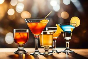 five different alcoholic drinks on a table. AI-Generated photo