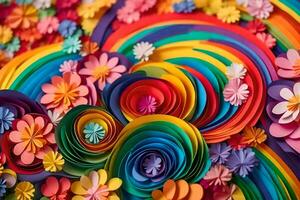 a colorful paper art piece with flowers and a rainbow. AI-Generated photo
