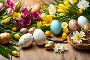 easter eggs, tulips and flowers on a wooden table. AI-Generated photo