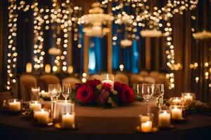 a table with candles and flowers in front of a string of lights. AI-Generated photo